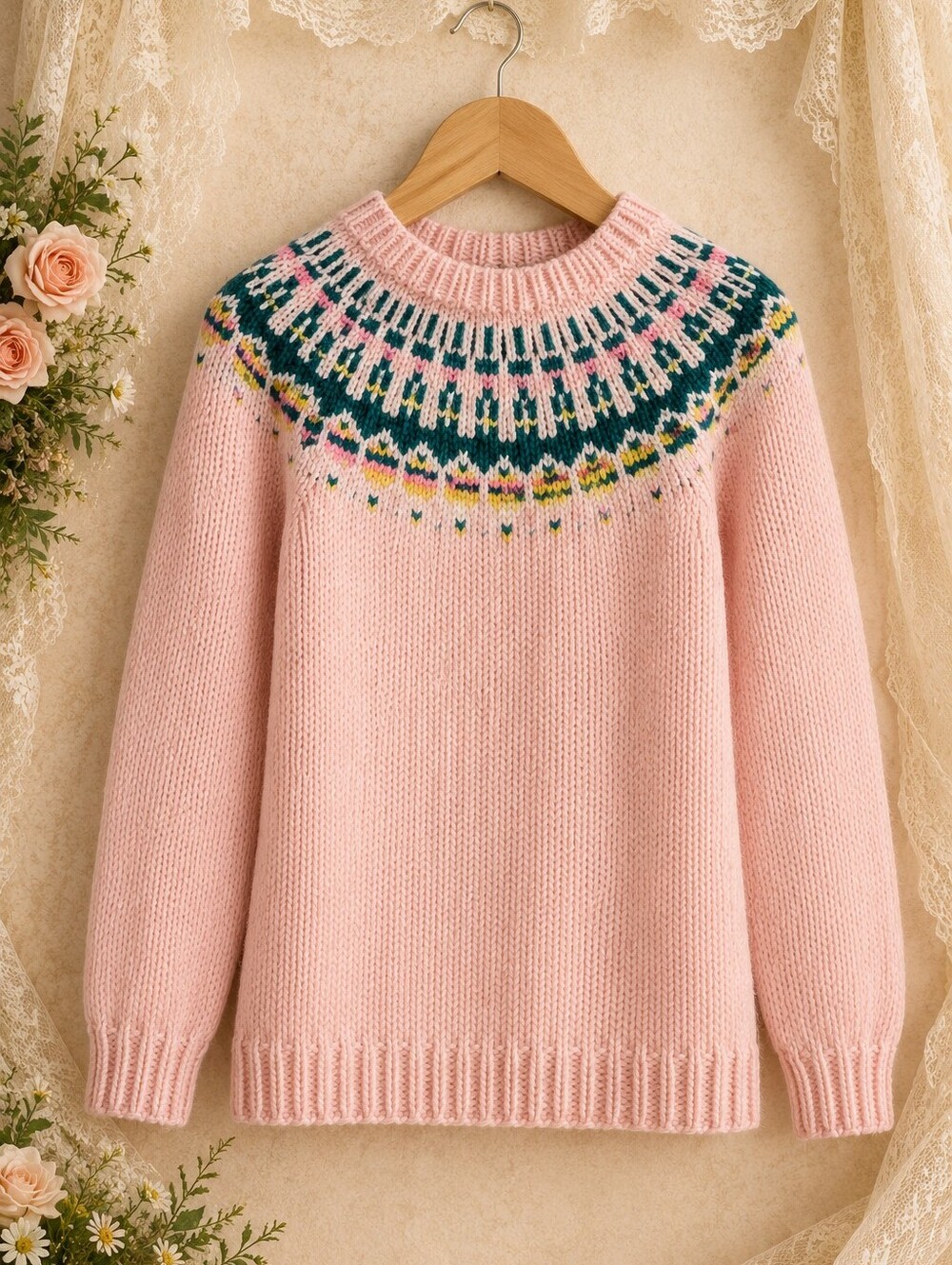 Chic Pink Sweater with Colorful Yoke
